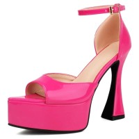 Pointed Open Toe Ankle Buckle Straps Platforms Block Heels Sandals - Rose Patent