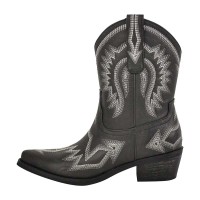 Pointed Toe Chunky Heels Western Style Ankle Highs Cowgirl Boots - Black Faux Leather