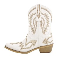 Pointed Toe Chunky Heels Western Style Ankle Highs Cowgirl Boots - White Faux Leather