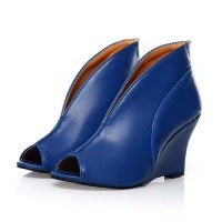 Peep Toe Roman Style Slip On Novelty Wedges  Ankle Highs Sandals Pumps - Blue Faux Leather