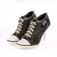 Round Toe Lace Up Stiletto Heels Rivet Decorated Punk Style Sneakers Pumps - Black Denim