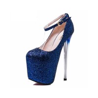 Round Toe Platforms Sequined Stilettos Ankle Straps Pumps - Blue
