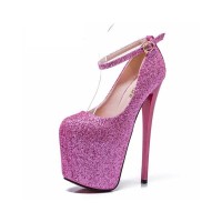 Round Toe Platforms Sequined Stilettos Ankle Straps Pumps - Pink