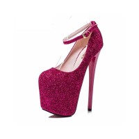 Round Toe Platforms Sequined Stilettos Ankle Straps Pumps - Red