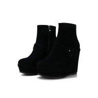 Round Toe Wedges Platforms Buckle Straps Ankle High Booties with Side Zipper - Black