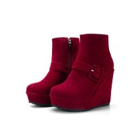 Round Toe Wedges Platforms Buckle Straps Ankle High Booties with Side Zipper - Red
