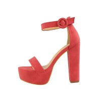 Peep Toe Platforms Ankle Buckle Straps Chunky Heels Pumps Sandals - Red