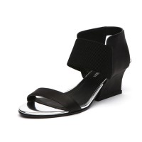 Peep Toe Genuine Leather Front and Rear Straps
 Wedges Heels Sandals - Black