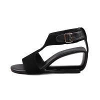 Peep Toe Genuine Leather Ankle Buckle T Straps Wedges Sandals - Black