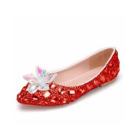 Pointed Toe Rhinestones Cindrella Ballets Christmas Flats - Red