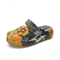 Round Toe Ethnic Pattern Flower Decorated Wedges Sandals - Blue Leather
