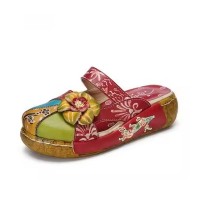 Round Toe Ethnic Pattern Flower Decorated Wedges Sandals - Red Leather