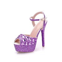 Peep Toe Ankle Buckle Straps Rhinestones Stiletto Heels Platforms Pumps - Lavender