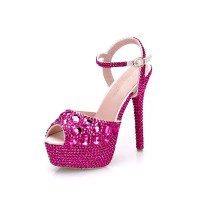 Peep Toe Ankle Buckle Straps Rhinestones Stiletto Heels Platforms Pumps - Rosy Red