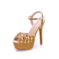 Peep Toe Ankle Buckle Straps Rhinestones Stiletto Heels Platforms Pumps - Yellow