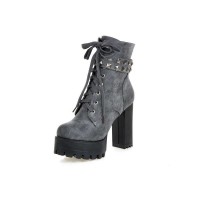 Chunky Heels Round Toe Punk Heeled Buckle Rivets Lace Up Ankle Boots - Gray