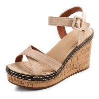 Peep Toe Platforms Cross Ankle Buckle Straps Wedges Sandals - Beige