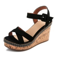 Peep Toe Platforms Cross Ankle Buckle Straps Wedges Sandals - Black