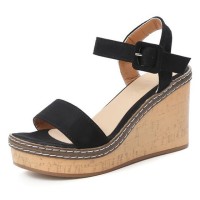 Peep Toe Platforms Line Ankle Buckle Straps Wedges Sandals - Black