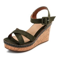 Peep Toe Platforms Cross Ankle Buckle Straps Wedges Sandals - Green