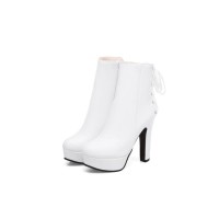 Round Toe Cuban Heels Ankle Lace Up Booties with Side Zipper - White