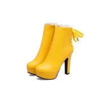Round Toe Cuban Heels Ankle Lace Up Booties with Side Zipper - Yellow