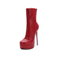 Round Toe Crocodile Pattern Platforms Side Zipper Ankle High Stiletto Booties - Red