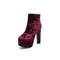 Round Toe Chunky Heels Back Zipper Ankle Highs Platforms Velvet Boots - Wine Red