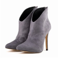 Pointed Toe Stiletto Heels Suede Back Zipper Ankle Highs Booties - Gray