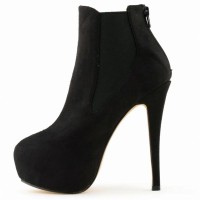 Round Toe Stiletto Heels Suede Back Zipper Platforms Ankle Highs Chelsea Booties - Black