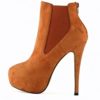 Round Toe Stiletto Heels Suede Back Zipper Platforms Ankle Highs Chelsea Booties - Brown