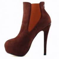 Round Toe Stiletto Heels Suede Back Zipper Platforms Ankle Highs Chelsea Booties - Coffee