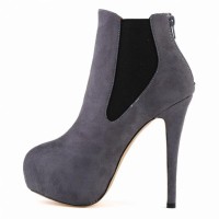 Round Toe Stiletto Heels Suede Back Zipper Platforms Ankle Highs Chelsea Booties - Gray