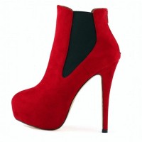 Round Toe Stiletto Heels Suede Back Zipper Platforms Ankle Highs Chelsea Booties - Red