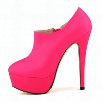 Round Toe Stiletto Heels Matte Side Zipper Platforms Ankle Highs Booties - Rose Red