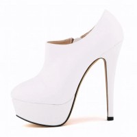 Round Toe Stiletto Heels Matte Side Zipper Platforms Ankle Highs Booties - White