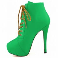 Round Toe Stiletto Heels Matte Lace Up Platforms Ankle Highs Booties - Dark Green