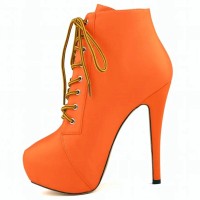 Round Toe Stiletto Heels Matte Lace Up Platforms Ankle Highs Booties - Orange