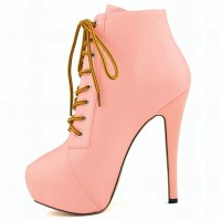 Round Toe Stiletto Heels Matte Lace Up Platforms Ankle Highs Booties - Pink