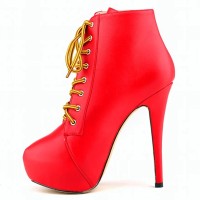 Round Toe Stiletto Heels Matte Lace Up Platforms Ankle Highs Booties - Red