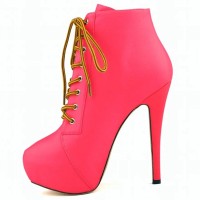 Round Toe Stiletto Heels Matte Lace Up Platforms Ankle Highs Booties - Rose Red