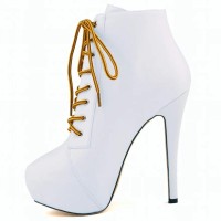 Round Toe Stiletto Heels Matte Lace Up Platforms Ankle Highs Booties - White