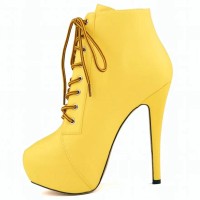 Round Toe Stiletto Heels Matte Lace Up Platforms Ankle Highs Booties - Yellow