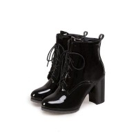 Chunky Heels English Style Lace Up Patent Boots with Side Zipper - Black