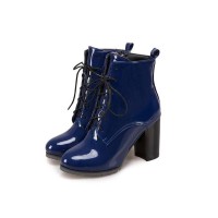 Chunky Heels English Style Lace Up Patent Boots with Side Zipper - Blue
