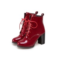 Chunky Heels English Style Lace Up Patent Boots with Side Zipper - Red