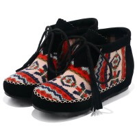 Round Toe Hand Sewing Stitch Decorated Lace Up Kilim Pattern Colorful Ethnic Flats - Black