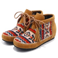 Round Toe Hand Sewing Stitch Decorated Lace Up Kilim Pattern Colorful Ethnic Flats - Yellow
