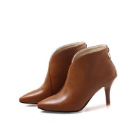 Pointed Toe Kitten Heels Back Zipper Rustic Ankle Booties - Brown