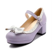 Round Toe Chunky Heels Sweet Bowknot Lolita Mary Janes Pumps - Purple